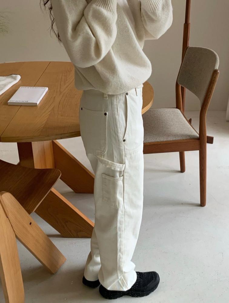 M 당일 / fllanel 플라넬 더블니 데님 팬츠 코튼 일자 크림진 바지