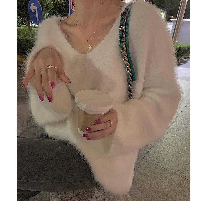 샤인글램 (당일출고/울소재) 긴팔 브이넥 폭닥 포근 앙고라 루즈핏 부클 울 니트 티셔츠 스웨터 미니 원피스 연말룩 하객룩 5color