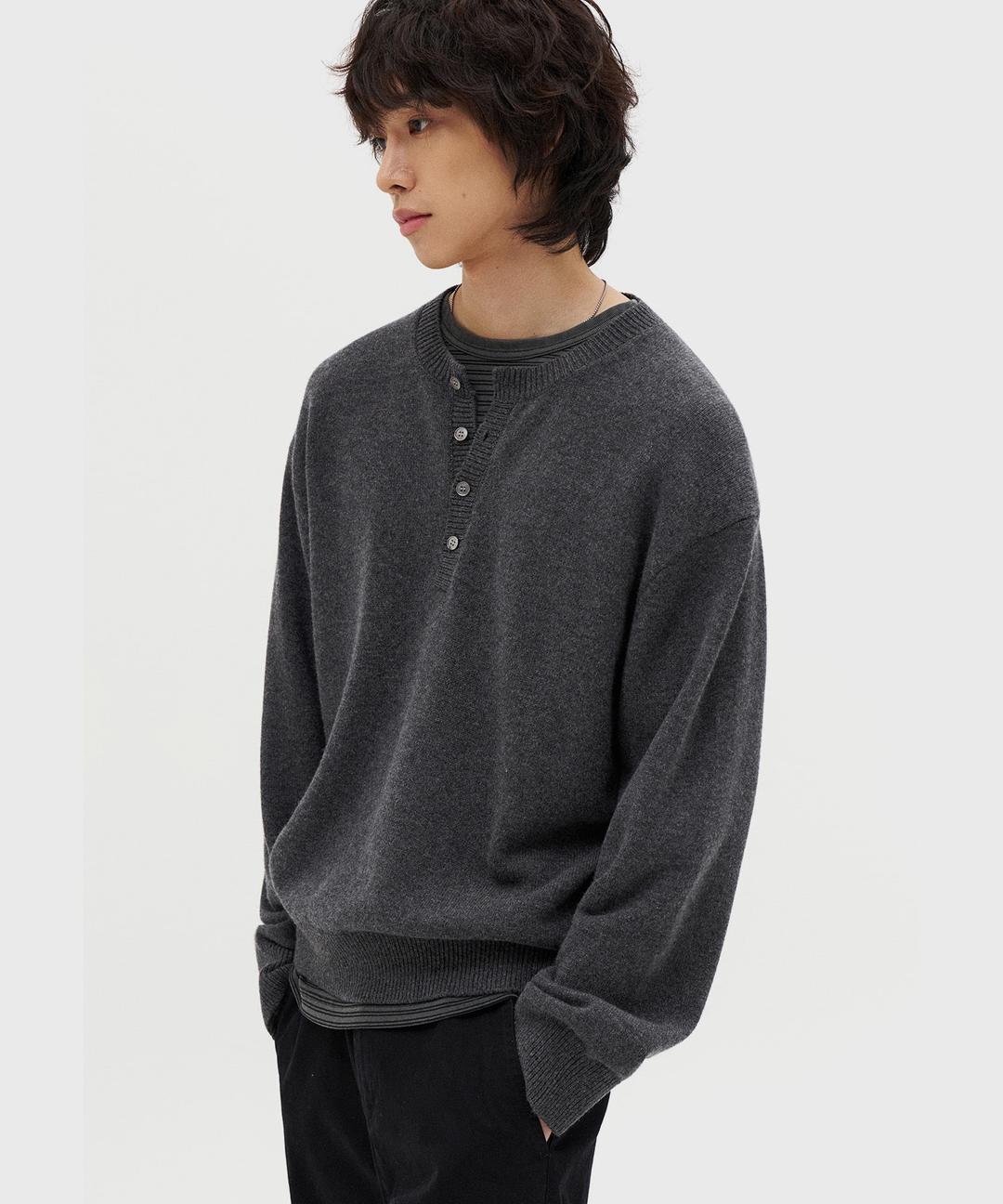 울 캐시 헨리넥 니트_차콜