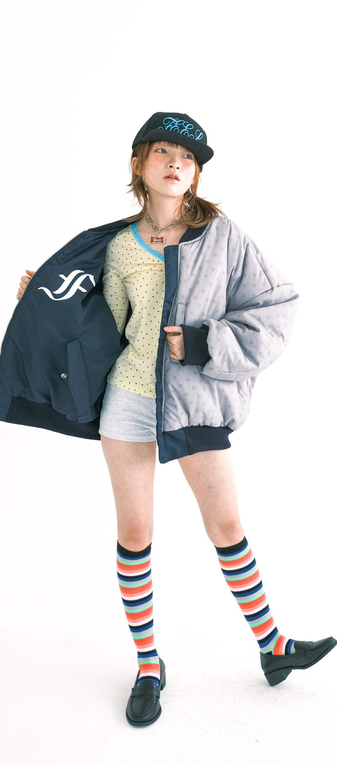[F.E.E.S] patch bomber padded jacket (navy)