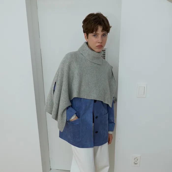SLIT WOOL KNIT CAPE_MELANGE