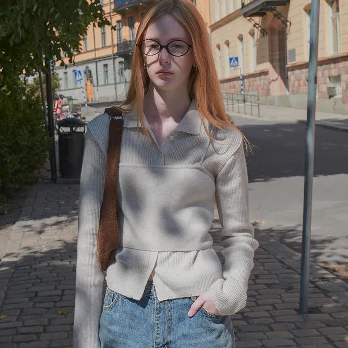 Collar-cardigan bustier knit set [KNFW01CD01]_Oat gray