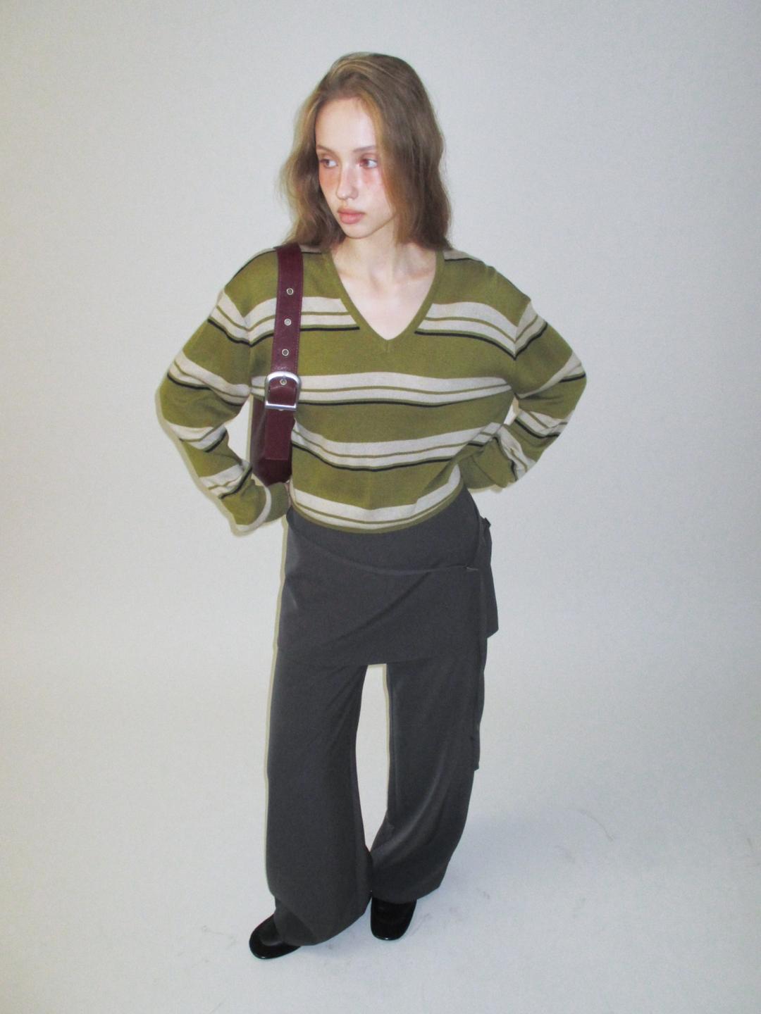 Multi Stripe V-neck Knit Top (Olive)