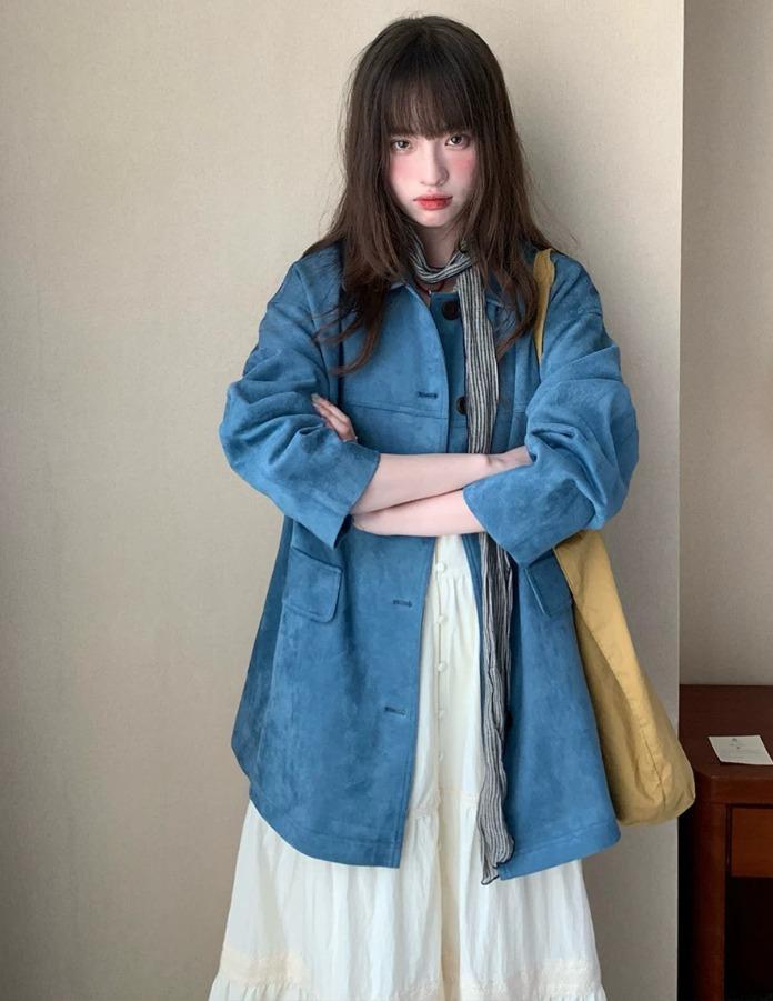 RAINY 포켓 루즈핏 스웨이드 미디 코트 (2color)