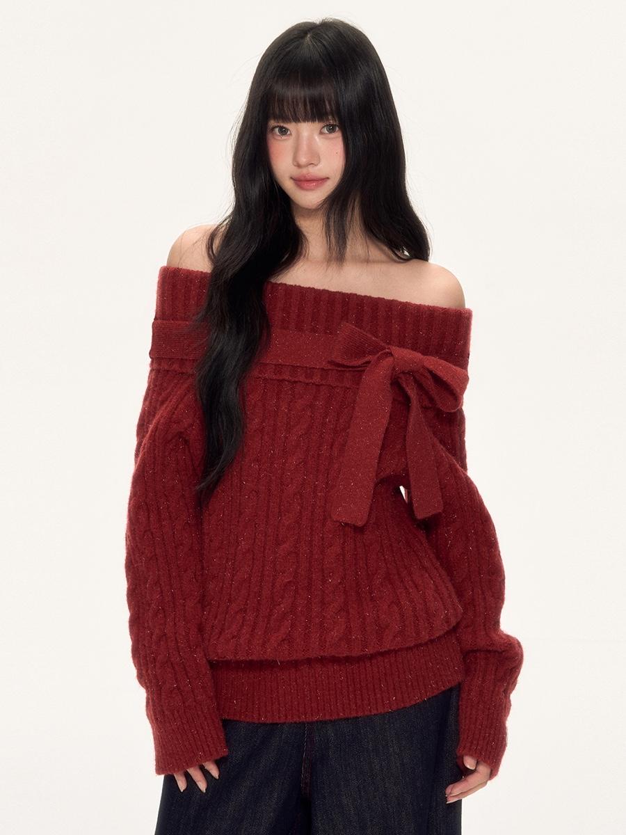 Weekendhub Berry Bow Off-Shoulder Knit