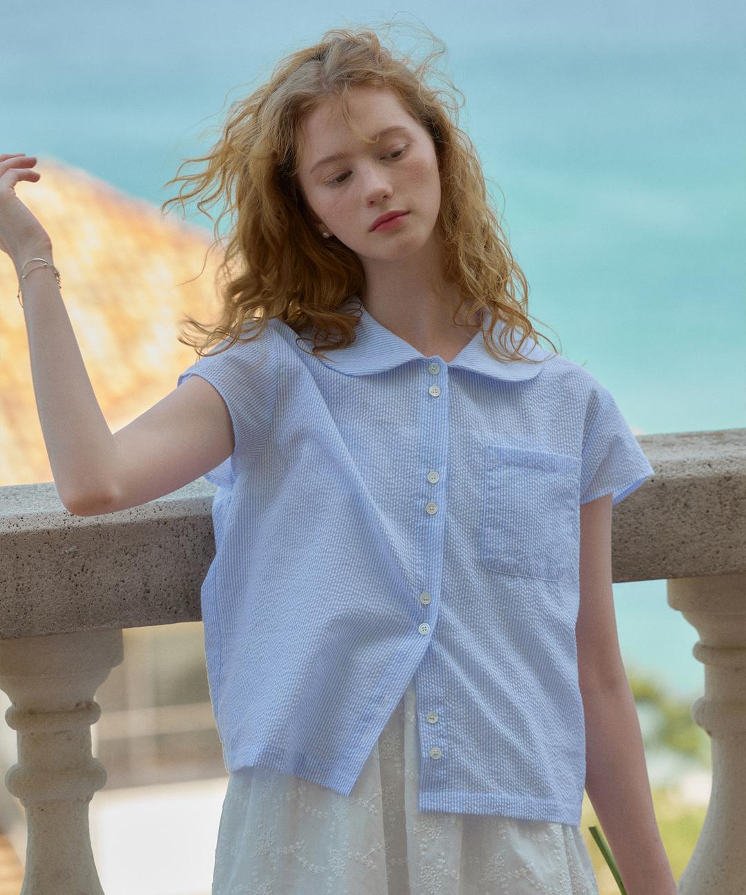 Summer Seersucker Cap Sleeve Shirt ( Skyblue )