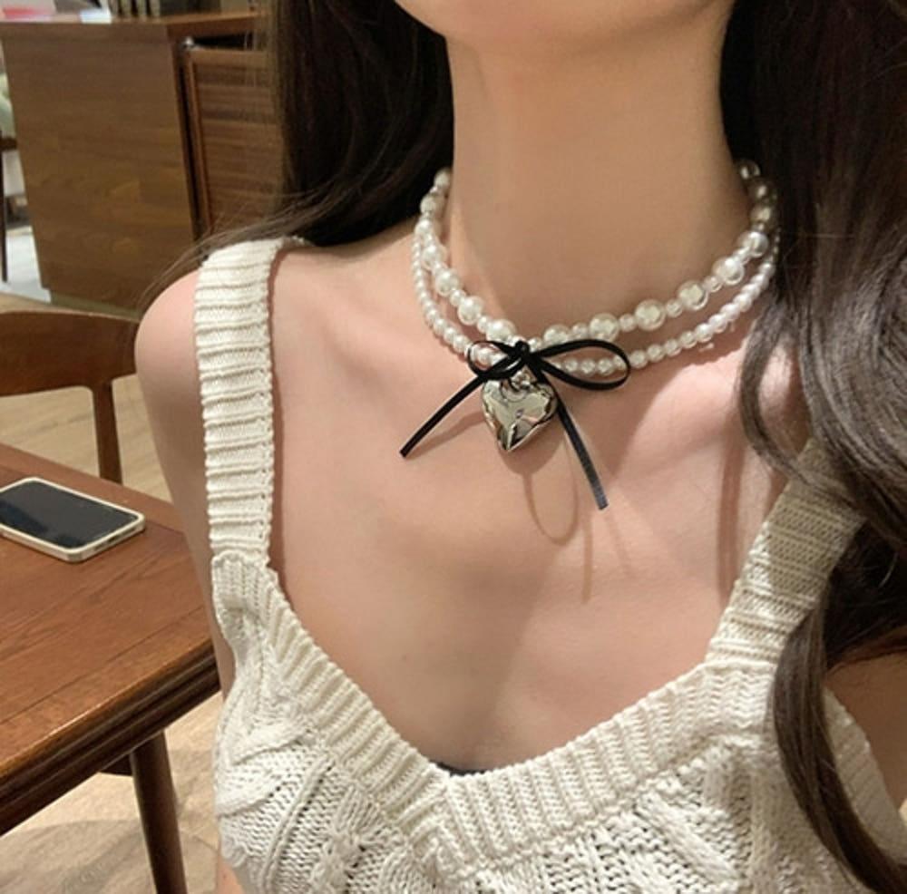 미코 블랙리본 진주목걸이