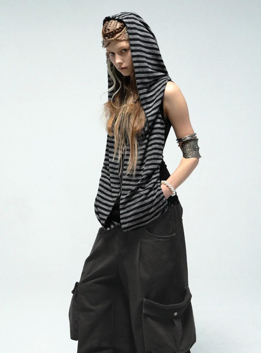 Stripe Swing Collar Hood Top (2color)