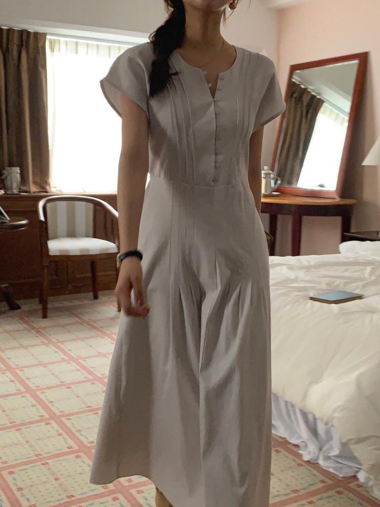 (재진행) MVCT 빌리 롱 원피스 라운드넥 버튼 핀턱 주름 캡 소매 그레이 블랙 2color