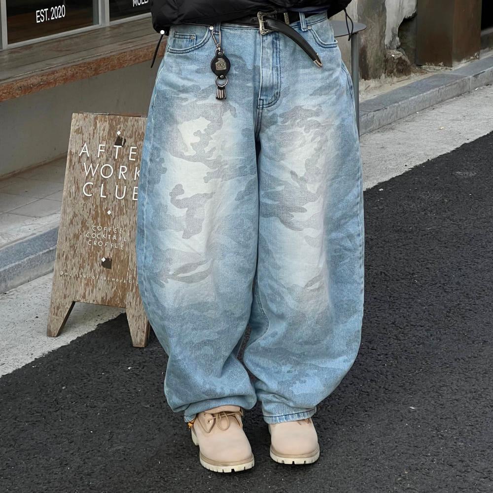 카모 틴워시드 벌룬 와이드 데님팬츠 1C 연청 남자 여자 빈티지 스트릿 캐주얼 밀리터리