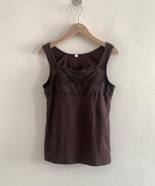 (Vintage)Lace Neck Sleeveless Top(Brown)