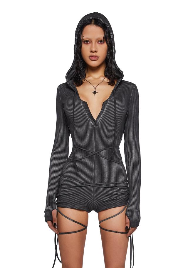 Crossfade Hooded Long Sleeve Romper - Black - BLACK / XX-Small