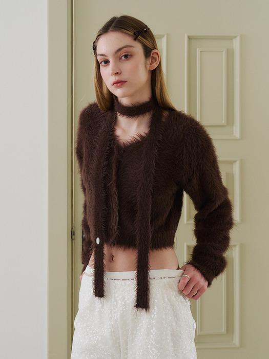 HAIRY MUFFLER CARDIGAN SET-BROWN