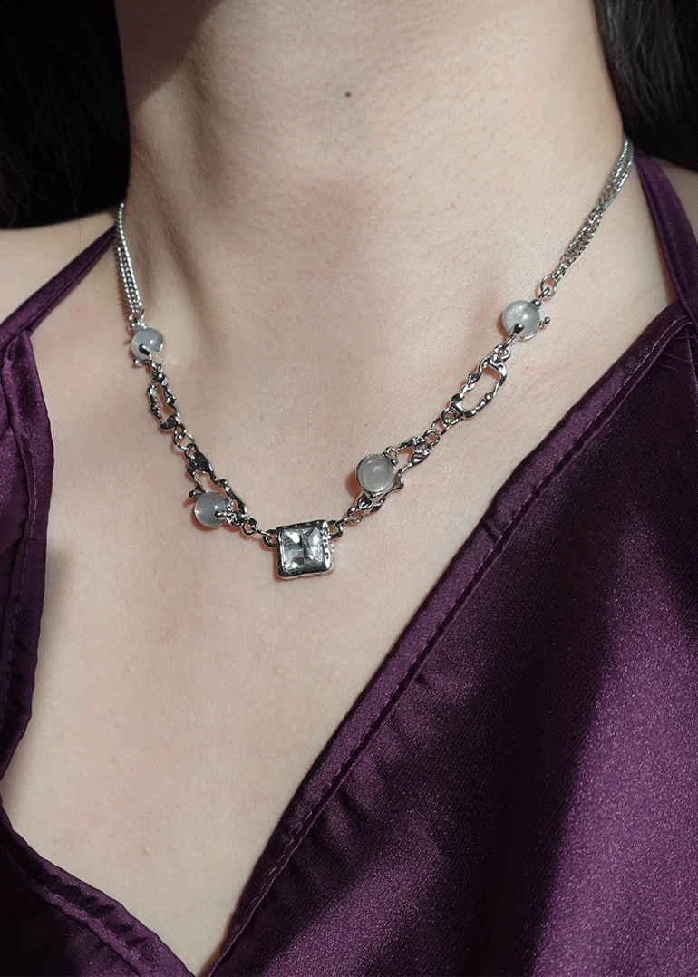 [s.steel] square cubic necklace | 네모 큐빅 목걸이