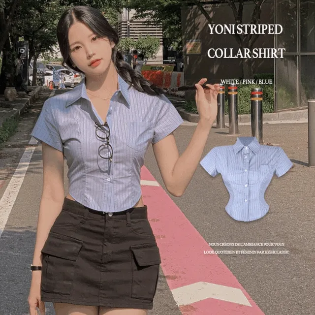[말라핏💗/쿨링감❄️/여름필수템🏝️] 요니 스트라이프 카라넥 배색 썸머 쿨링 절개 세미크롭 굴림 포켓 반팔 남방 셔츠