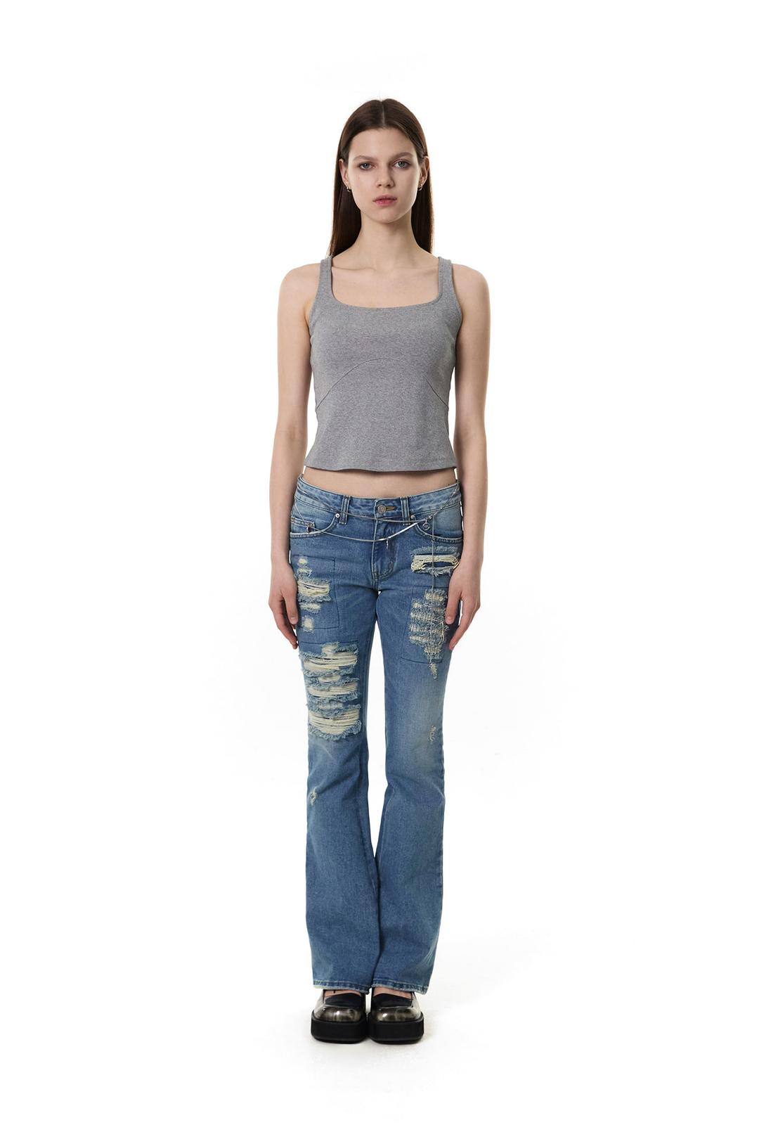 DESTROYED BOOT CUT JEANS / BLUE