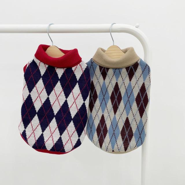커밍코지 아가일 배색 폴라 니트 조끼 (2colors) / 강아지옷 애견의류 S - 2XL