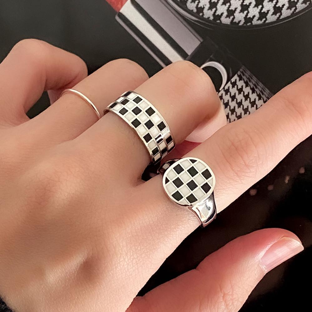 블랙 화이트 체커보드 체크 볼드 반지 2color 실버 골드