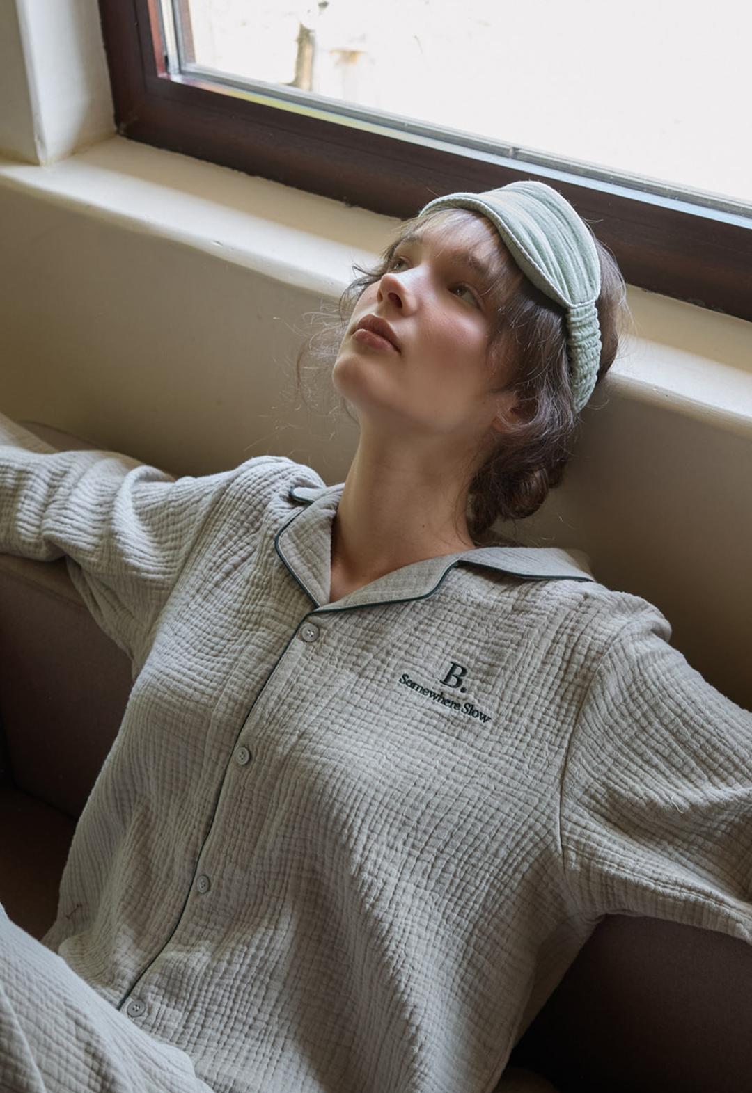 Slow Cotton Piping Pajamas Set (sage green)