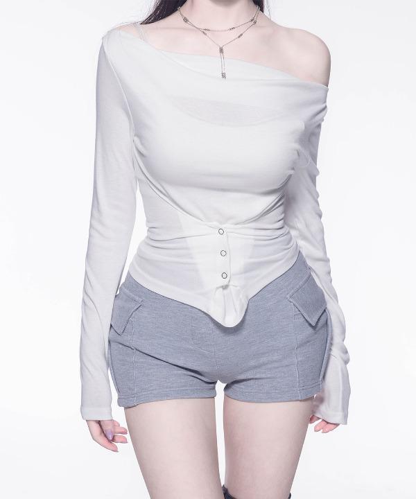 스냅버튼 보트넥 코르셋 오프숄더티