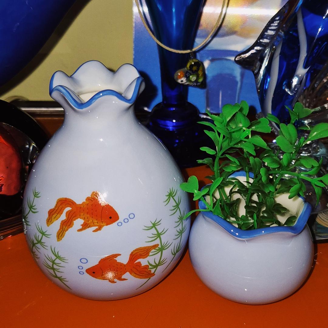 일본 레트로 수초 금붕어 도자기 화병&화분 세트