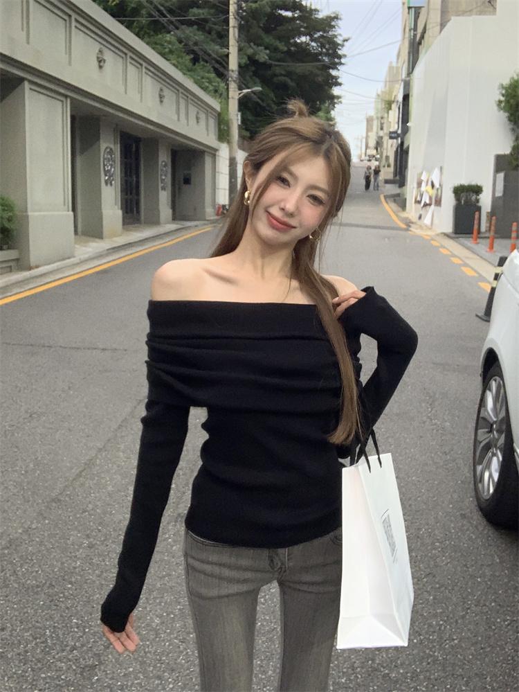 르뚜앙 [당일출고] 옹송 오프숄더니트 봄 가을 겨울 골지 블랙 그레이 니트 티