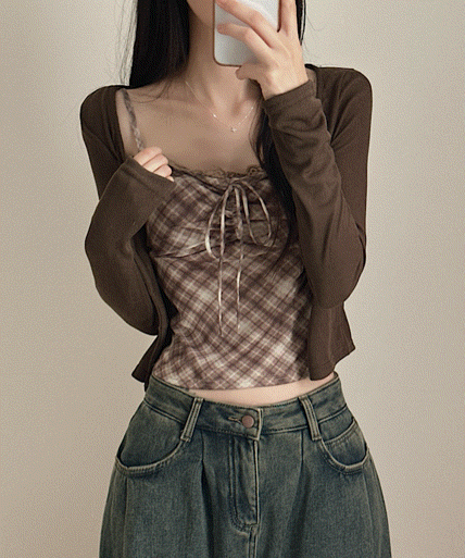 럽앤썸 [여리유니크/코디set!] 체크 끈조절 리본 나시 니트 가디건 투피스 세트 4color