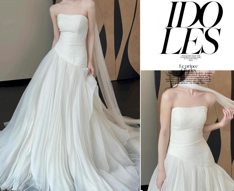 SWD515★스카프세트★셀프웨딩 하우스 스몰웨딩드레스 A라인 튜브탑드레스 제주도 스냅촬영 혼배미사 2부드레스 야외촬영드레스