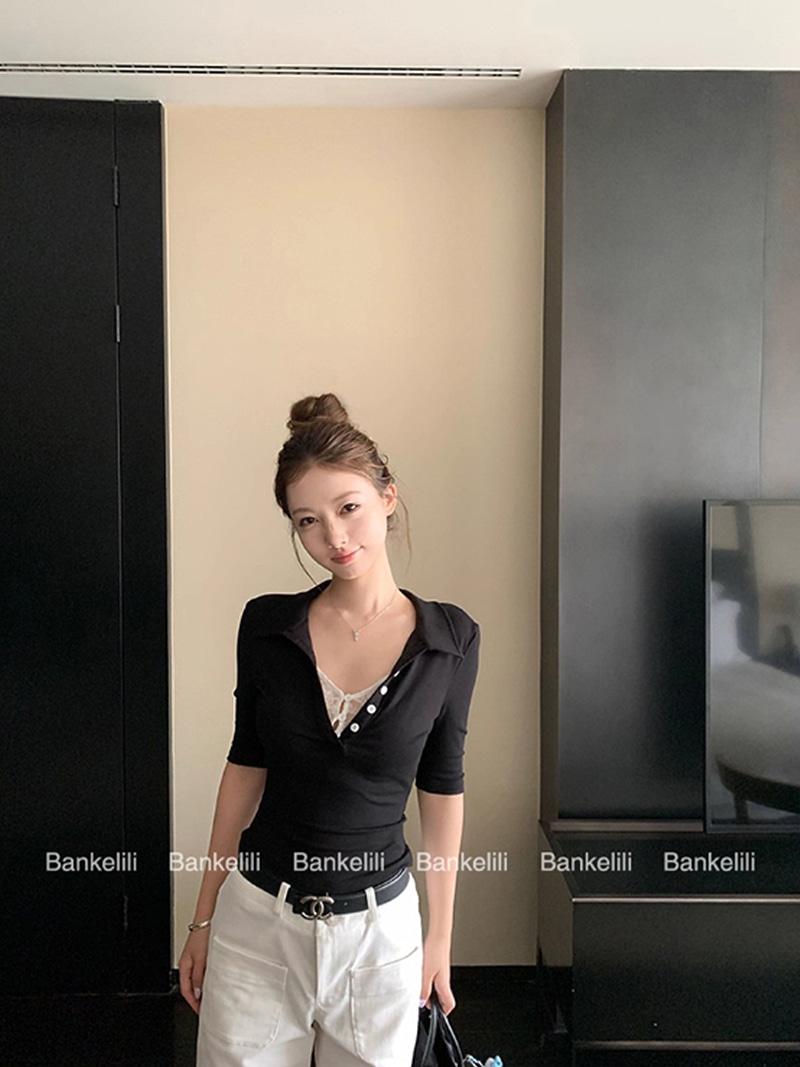 Fake Flower Lace Button Layered Slim pk sleeve (3Color)