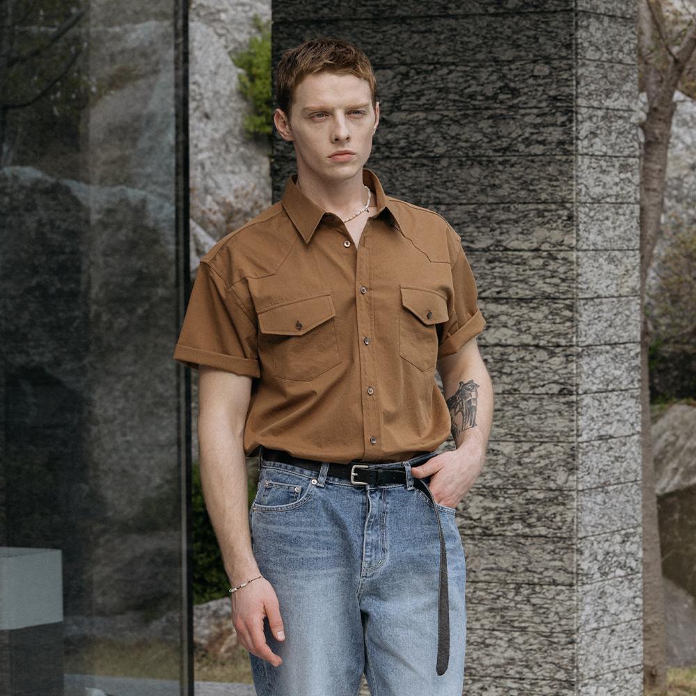 웨스턴 투 포켓 반팔 셔츠 - BROWN