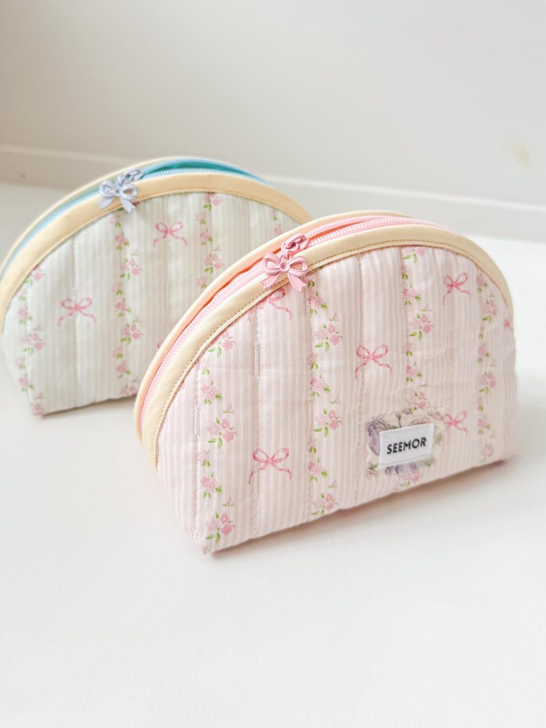 Handmade Bow & Floral Makeup Bag, Travel Cosmetic Bag,  Makeup Zipper Pouch, Taco Bag, Dumpling Makeup Bag, Gifts for her