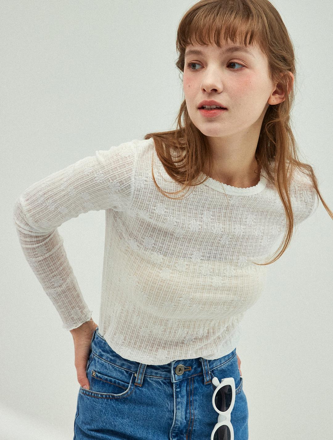 피코트 스티치 레이스 티셔츠 [화이트]