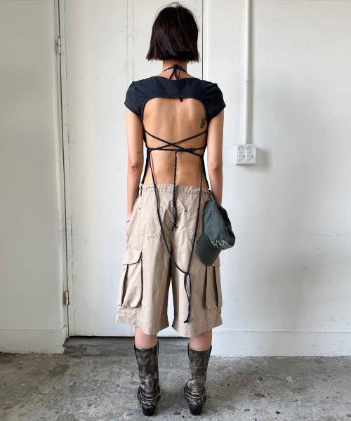 OPEN BACK CAP SLEEVE TOP ASH BLACK