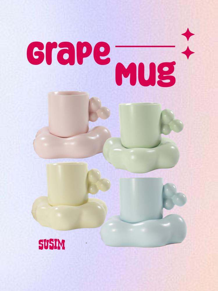 수심 Grape Mug(4 color) 포도 머그 컵 구름 받침 물컵 통통한 홈카페 그릇