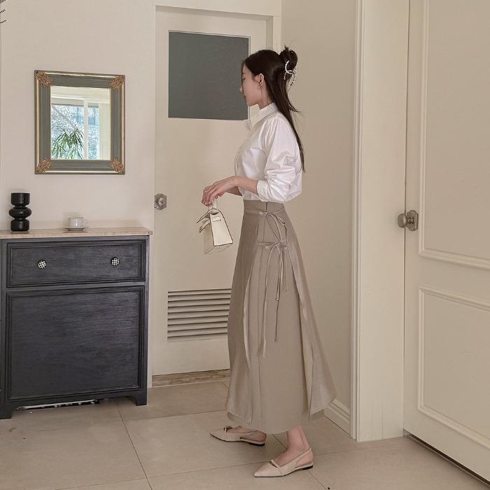 샤빈 쉬폰 배색 레이어드 치마 옆트임 리본 샤틴 시스루 이중 커버업 롱스커트