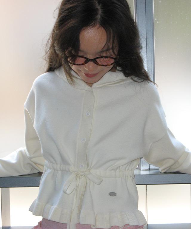 HOODED SHIRRING STRING KNIT CARDIGAN IVORY