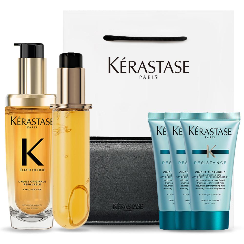 [케라스타즈]NEW 엘릭서 얼팀 오리지널 헤어오일 75ml + 리필 75ml 듀오 세트 + 럭셔리파우치 + 시몽테르미크 50ML 3개 + 쇼핑백