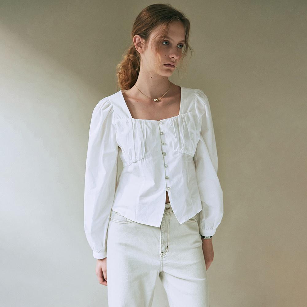 SQUARE NECK SHIRRING BLOUSE_IVORY