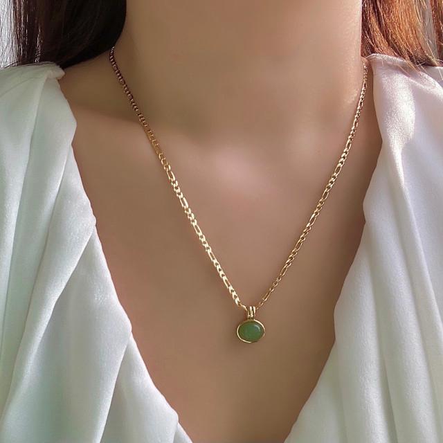 (925실버) 라운드 오벌 그린 아벤츄린 원석 목걸이 - 18k골드도금