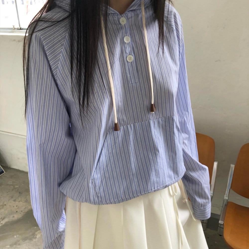 블루 스트라이프 후드 셔츠 (Sky-Blue Hooded Stripe Hooded Shirt)