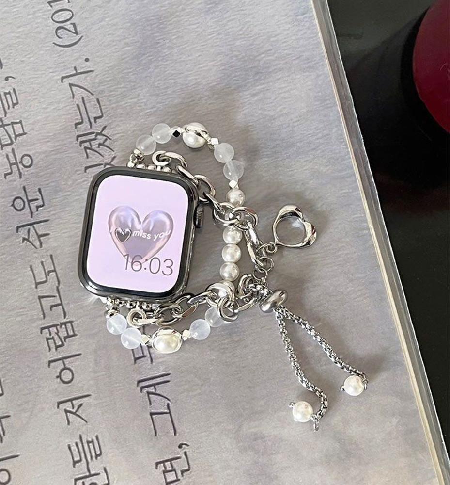 [사장픽] 프린세스 / 애플워치 스트랩 메탈 워치스트랩 큐빅 하트 진주 비즈 발레코어 여성스러운 귀여운 키치한