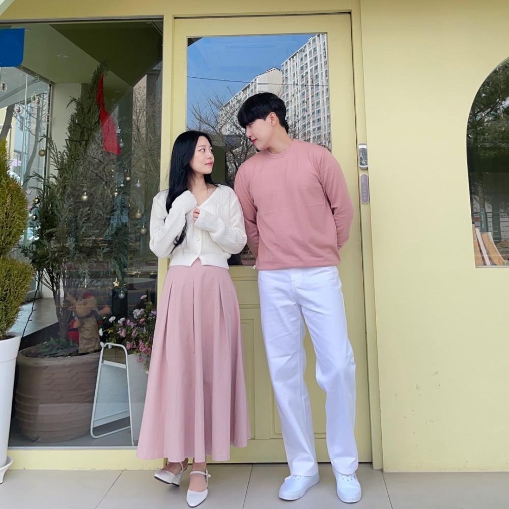 핑크 크롭 가디건 플리츠 롱 스커트 커플 시밀러룩