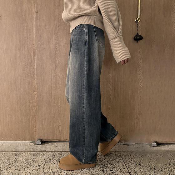 고고싱 [오늘출발][융기모🔥기모와이드팬츠 ] 아웃핏 워싱 데님팬츠ver.융기모 (기모와이드,기모데님,겨울바지,기모청바지,와이드데님,융기모팬츠)