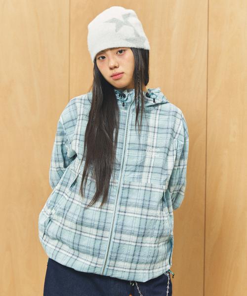 HOODED CHECK WIND BREAKER GREEN(CV2FSUB962A)
