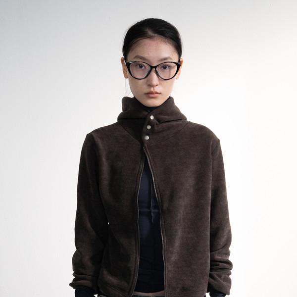 Fleece Hood Button Zip-Up (Brown)