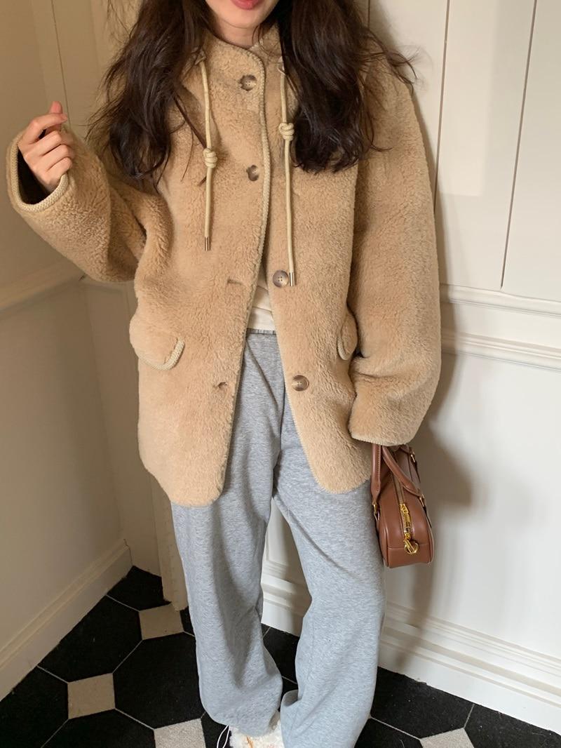 심플 캐주얼 후드 퍼 하프 코트