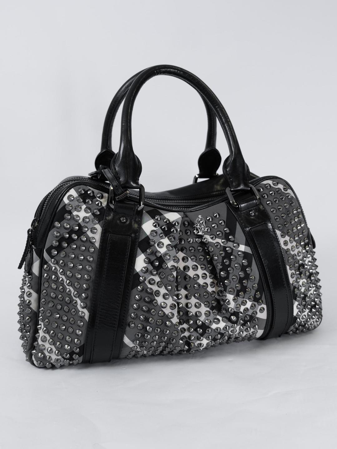 BURBERRY STUDDED CHECK LEATHER BOSTON BAG