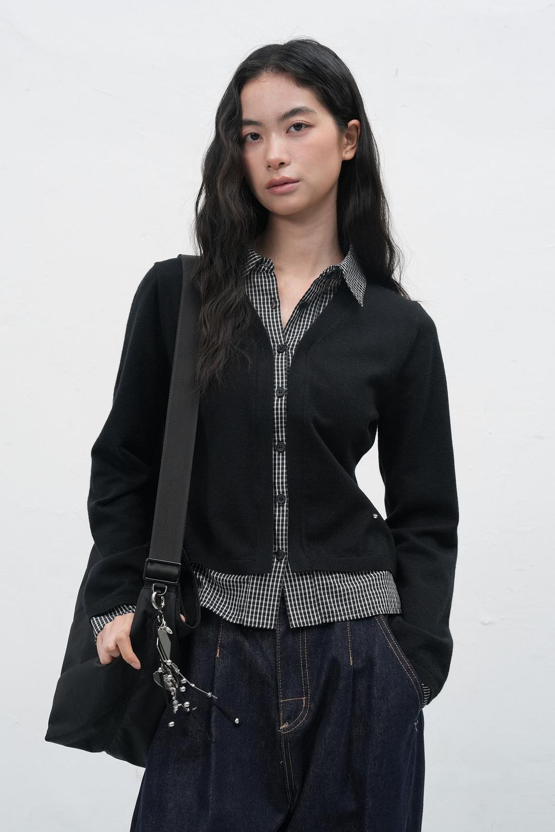 WOMAN 체크 셔츠 레이어드 가디건 [BLACK]