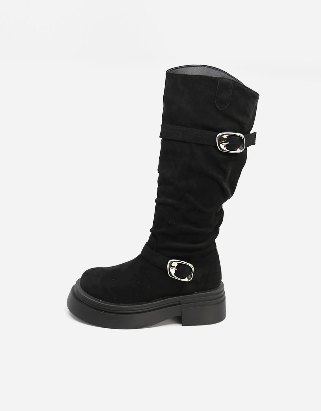 BLACK SUEDE PLATFORM BUCKLE LONG BOOTS