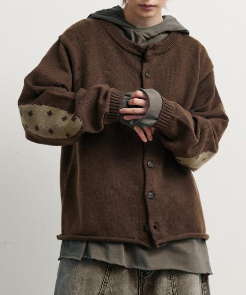 엘보우 도트 니트 가디건 - 브라운